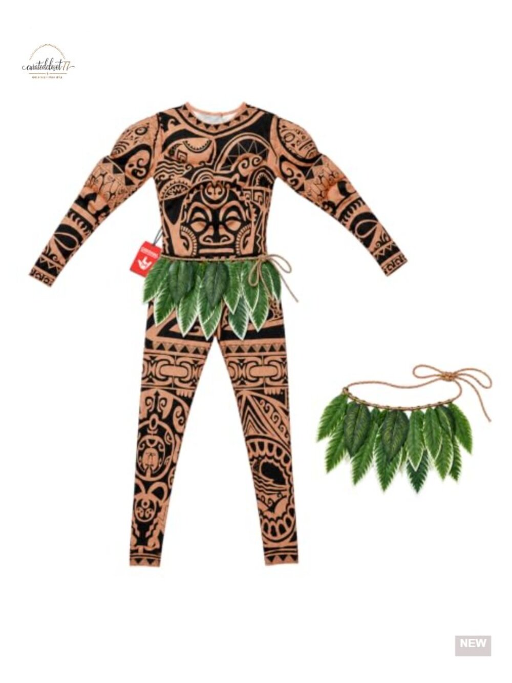 Polynesian Island Warrior Costume Padded Bodysuit Leaf Skirt Mens